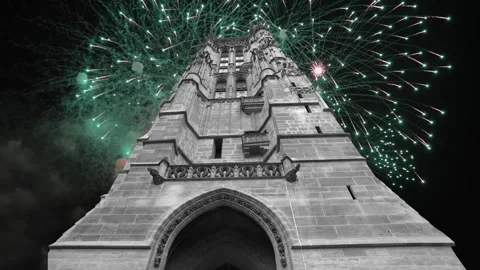 Fireworks over the Saint-Jacques Tower (Tour Saint-Jacques). Paris, France Stock Footage 252638804