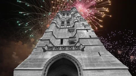 Fireworks over the Saint-Jacques Tower (Tour Saint-Jacques). Paris, France Stock Footage 252638811