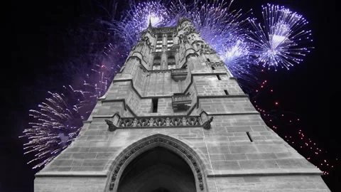 Fireworks over the Saint-Jacques Tower (Tour Saint-Jacques). Paris, France Stock Footage 252638839