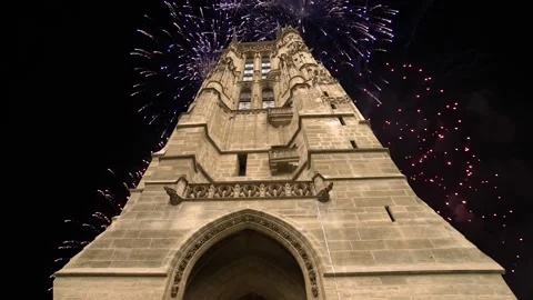 Fireworks over the Saint-Jacques Tower (Tour Saint-Jacques). Paris, France Stock Footage 252638862