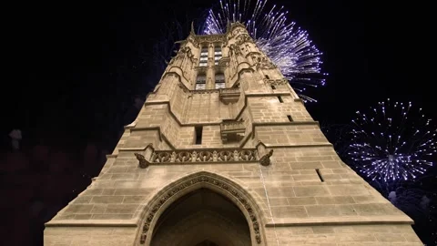 Fireworks over the Saint-Jacques Tower (Tour Saint-Jacques). Paris, France Stock Footage 252638904