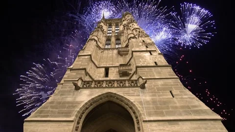 Fireworks over the Saint-Jacques Tower (Tour Saint-Jacques). Paris, France Stock Footage 252638907