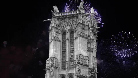 Fireworks over the Saint-Jacques Tower (Tour Saint-Jacques). Paris, France Stock Footage 252638991