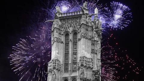 Fireworks over the Saint-Jacques Tower (Tour Saint-Jacques). Paris, France Stock Footage 252639004