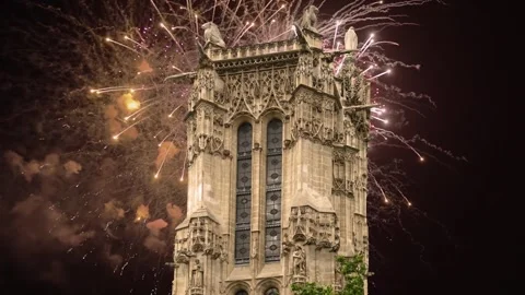 Fireworks over the Saint-Jacques Tower (Tour Saint-Jacques). Paris, France Stock Footage 252639077