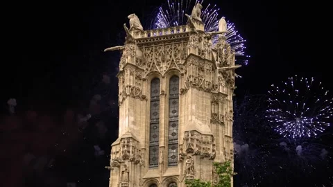 Fireworks over the Saint-Jacques Tower (Tour Saint-Jacques). Paris, France Stock Footage 252639109