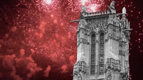 Fireworks over the Saint-Jacques Tower (Tour Saint-Jacques). Paris, France Stock Footage 252639179