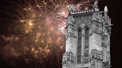 Fireworks over the Saint-Jacques Tower (Tour Saint-Jacques). Paris, France Stock Footage 252639199
