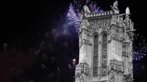 Fireworks over the Saint-Jacques Tower (Tour Saint-Jacques). Paris, France Stock Footage 252639229