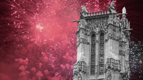 Fireworks over the Saint-Jacques Tower (Tour Saint-Jacques). Paris, France Stock Footage 252639243