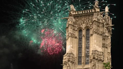 Fireworks over the Saint-Jacques Tower (Tour Saint-Jacques). Paris, France Stock Footage 252639286
