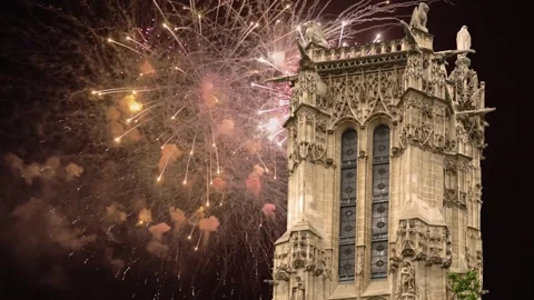 Fireworks over the Saint-Jacques Tower (Tour Saint-Jacques). Paris, France Stock Footage 252639296