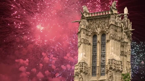 Fireworks over the Saint-Jacques Tower (Tour Saint-Jacques). Paris, France Stock Footage 252639334