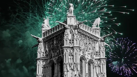Fireworks over the Saint-Jacques Tower (Tour Saint-Jacques). Paris, France Stock Footage 252639385