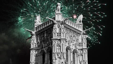 Fireworks over the Saint-Jacques Tower (Tour Saint-Jacques). Paris, France Stock Footage 252639402