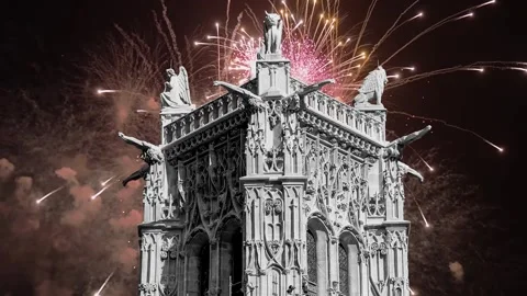 Fireworks over the Saint-Jacques Tower (Tour Saint-Jacques). Paris, France Stock Footage 252639416