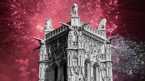Fireworks over the Saint-Jacques Tower (Tour Saint-Jacques). Paris, France Stock Footage 252639461