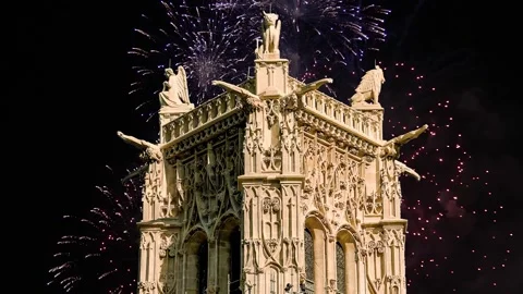 Fireworks over the Saint-Jacques Tower (Tour Saint-Jacques). Paris, France Stock Footage 252639464