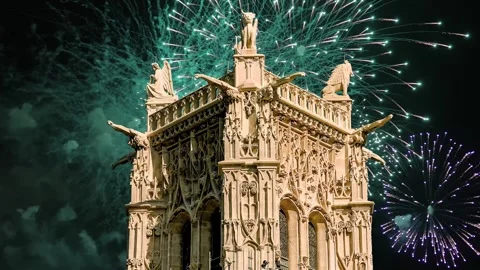 Fireworks over the Saint-Jacques Tower (Tour Saint-Jacques). Paris, France Stock Footage 252639486