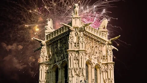 Fireworks over the Saint-Jacques Tower (Tour Saint-Jacques). Paris, France Stock Footage 252639513