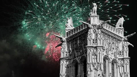 Fireworks over the Saint-Jacques Tower (Tour Saint-Jacques). Paris, France Stock Footage 252639610