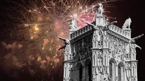 Fireworks over the Saint-Jacques Tower (Tour Saint-Jacques). Paris, France Stock Footage 252639631