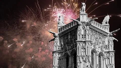 Fireworks over the Saint-Jacques Tower (Tour Saint-Jacques). Paris, France Stock Footage 252639647