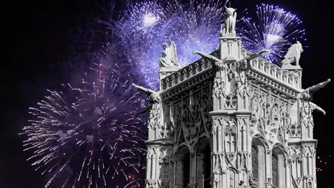 Fireworks over the Saint-Jacques Tower (Tour Saint-Jacques). Paris, France Stock Footage 252639656