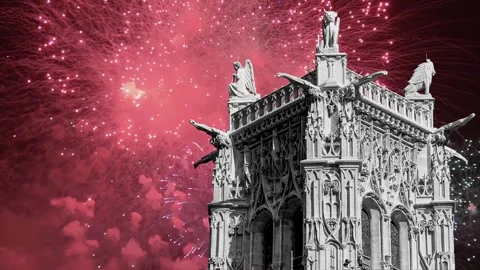 Fireworks over the Saint-Jacques Tower (Tour Saint-Jacques). Paris, France Stock Footage 252639658