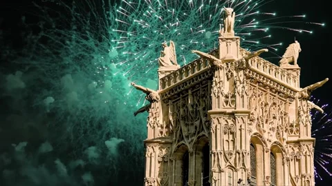 Fireworks over the Saint-Jacques Tower (Tour Saint-Jacques). Paris, France Stock Footage 252639665