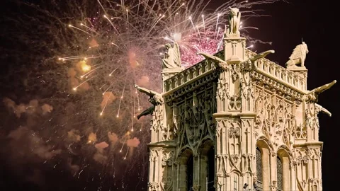 Fireworks over the Saint-Jacques Tower (Tour Saint-Jacques). Paris, France Stock Footage 252639690