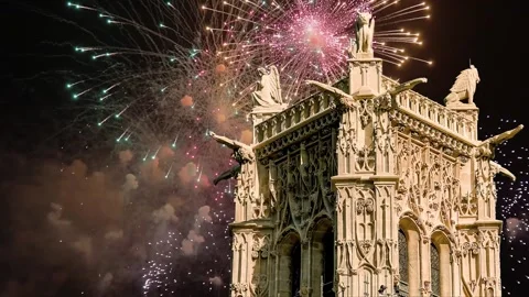 Fireworks over the Saint-Jacques Tower (Tour Saint-Jacques). Paris, France Stock Footage 252639694