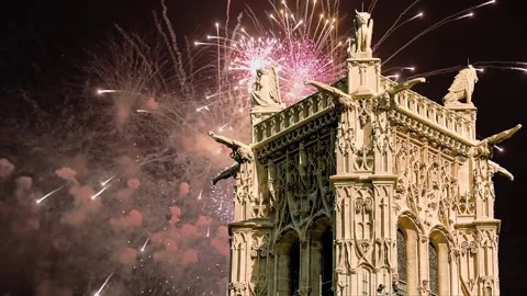 Fireworks over the Saint-Jacques Tower (Tour Saint-Jacques). Paris, France Stock Footage 252639700