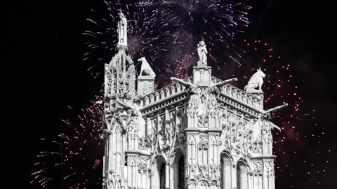 Fireworks over the Saint-Jacques Tower (Tour Saint-Jacques). Paris, France Stock Footage 252639724