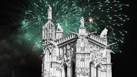Fireworks over the Saint-Jacques Tower (Tour Saint-Jacques). Paris, France Stock Footage 252639748
