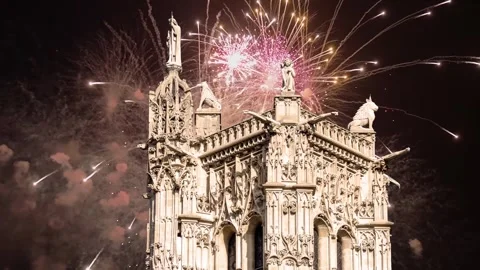 Fireworks over the Saint-Jacques Tower (Tour Saint-Jacques). Paris, France Stock Footage 252639829