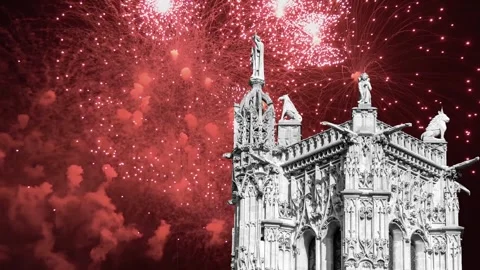 Fireworks over the Saint-Jacques Tower (Tour Saint-Jacques). Paris, France Stock Footage 252639862