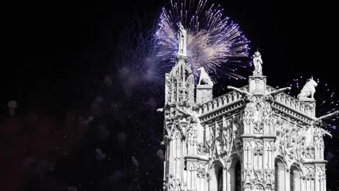 Fireworks over the Saint-Jacques Tower (Tour Saint-Jacques). Paris, France Stock Footage 252639883