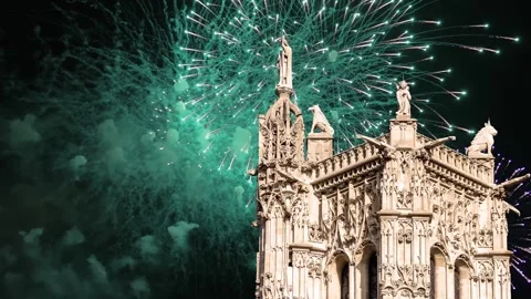 Fireworks over the Saint-Jacques Tower (Tour Saint-Jacques). Paris, France Stock Footage 252639893