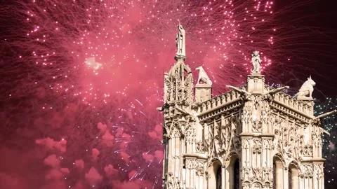 Fireworks over the Saint-Jacques Tower (Tour Saint-Jacques). Paris, France Stock Footage 252639960