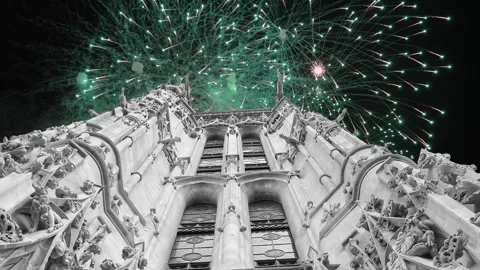 Fireworks over the Saint-Jacques Tower (Tour Saint-Jacques). Paris, France Stock Footage 252640001