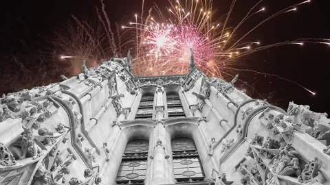 Fireworks over the Saint-Jacques Tower (Tour Saint-Jacques). Paris, France Stock Footage 252640003