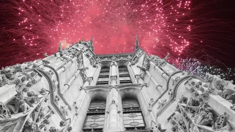 Fireworks over the Saint-Jacques Tower (Tour Saint-Jacques). Paris, France Stock Footage 252640032