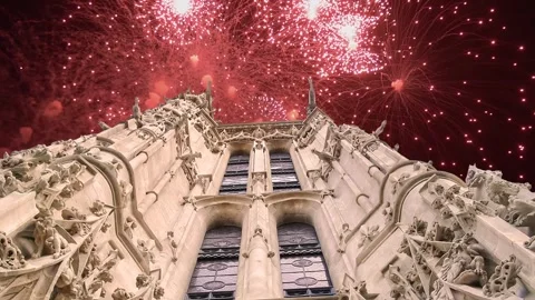 Fireworks over the Saint-Jacques Tower (Tour Saint-Jacques). Paris, France Stock Footage 252640047