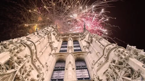 Fireworks over the Saint-Jacques Tower (Tour Saint-Jacques). Paris, France Stock Footage 252640053
