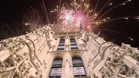 Fireworks over the Saint-Jacques Tower (Tour Saint-Jacques). Paris, France Stock Footage 252640060