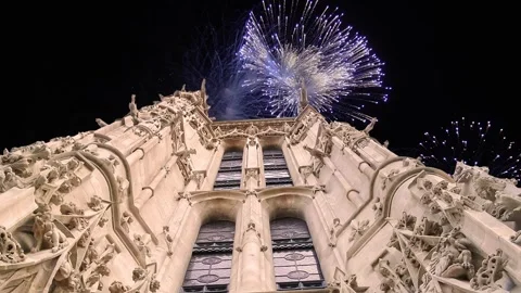 Fireworks over the Saint-Jacques Tower (Tour Saint-Jacques). Paris, France Stock Footage 252640067