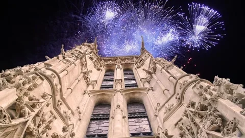 Fireworks over the Saint-Jacques Tower (Tour Saint-Jacques). Paris, France Stock Footage 252640070