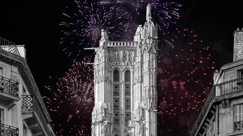 Fireworks over the Saint-Jacques Tower (Tour Saint-Jacques). Paris, France Stock Footage 252640090