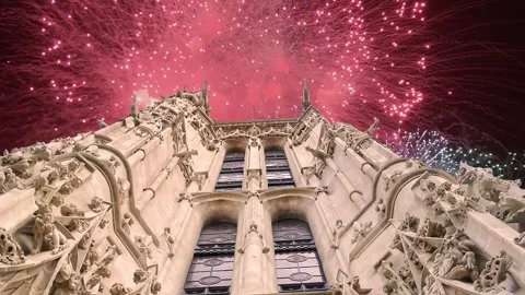 Fireworks over the Saint-Jacques Tower (Tour Saint-Jacques). Paris, France Stock Footage 252640096